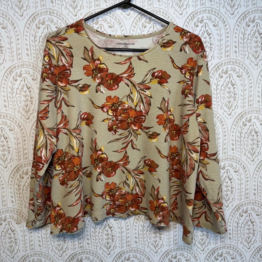 Croft & Barrow Womens 2X Tan Orange Floral Long Sleeve‎ 100% Cotton Top